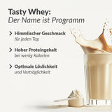 Probierbox Tasty Whey, 5 x 30g inkl. Gratis-Shaker mit cremigem Proteinshake, hoher Proteinqualität und guter Löslichkeit