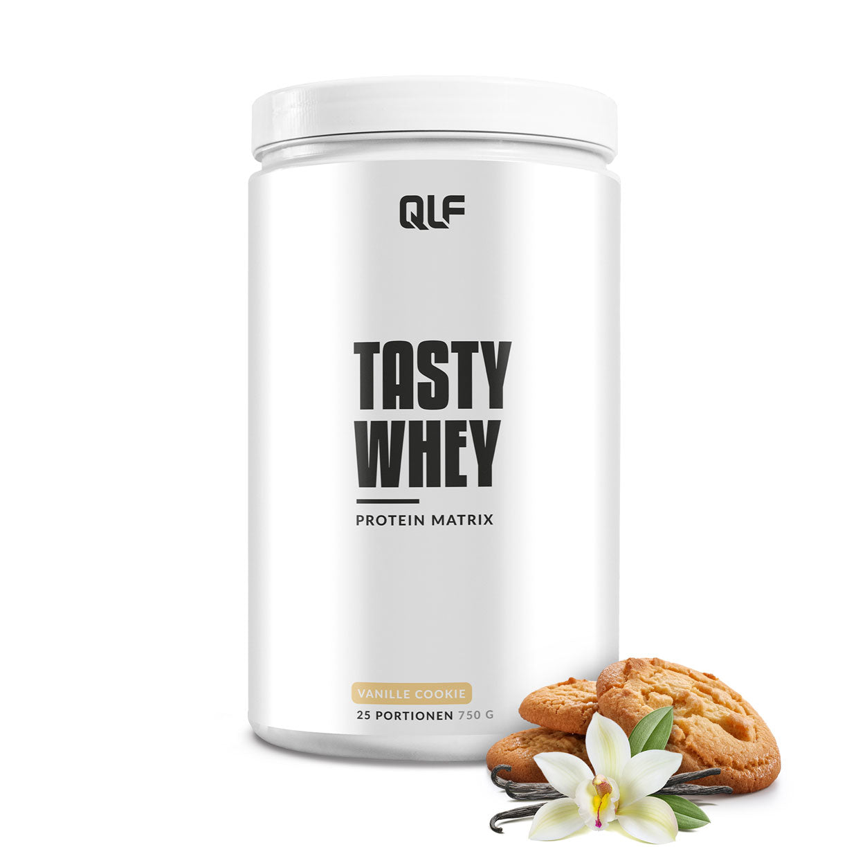 White container of Tasty Whey protein powder with vanilla cookies, vanilla flower, and vanilla pods on white background