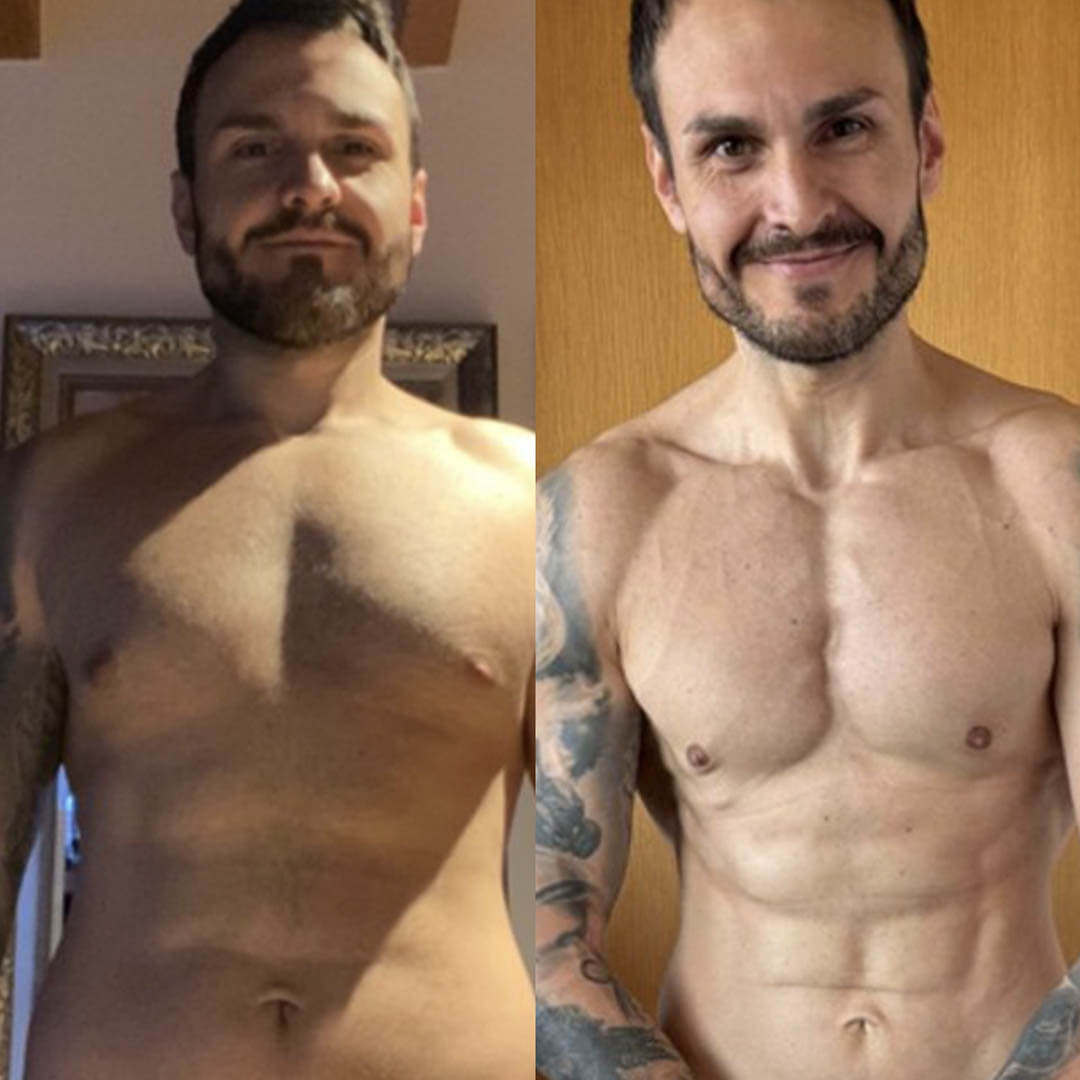 Side-by-side images of a man before and after bodybuilding showing increased muscle definition and tone