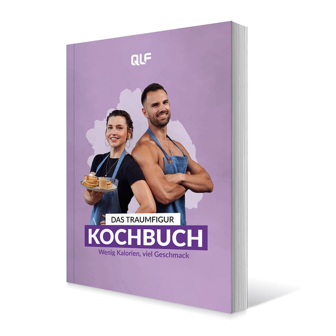Das Traumfigur Küche Kochbuch mit zwei Personen auf violettem Hintergrund, Galerieposition 1, gesund genießen leicht gemacht