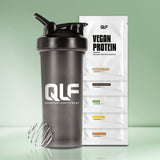 Probierbox Vegan Protein, 5 x 30g inkl. Gratis-Shaker mit fünf veganen Proteinpulverproben und Metallmischkugel