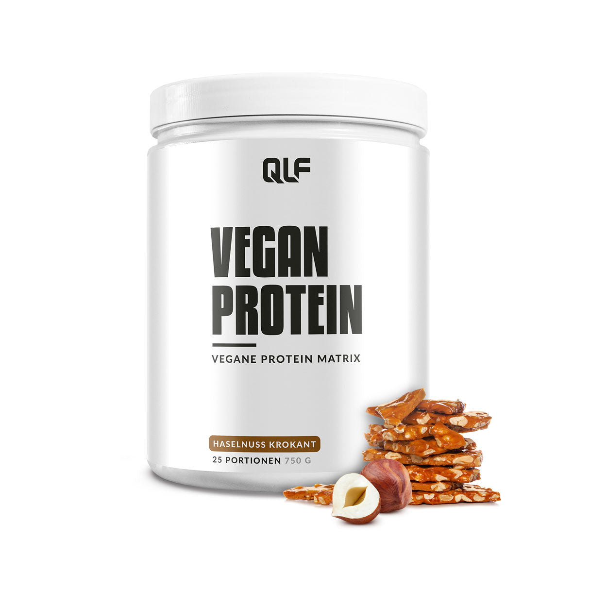 Weiße Dose mit Aufschrift Vegan Protein und Haselnuss-Krokant neben Haselnüssen und Krokantstücken auf weißem Hintergrund